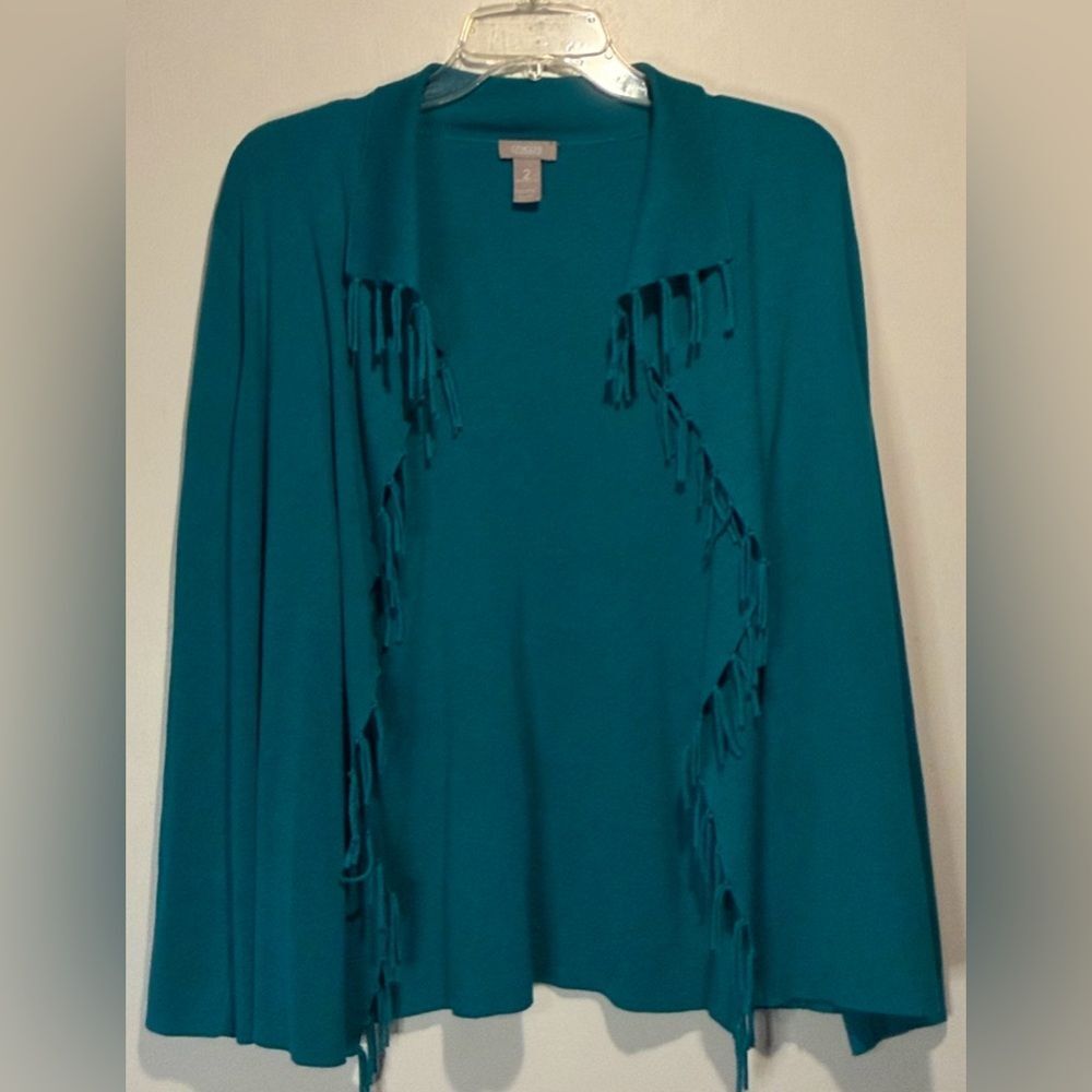 Chico's Turquoise Fringe Cardigan Sweater Open Front Lightweight Knit- Size M